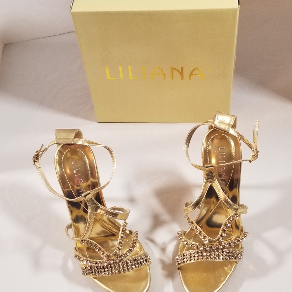 Liliana Metallic Gold Crystal-Strap Evening Heels